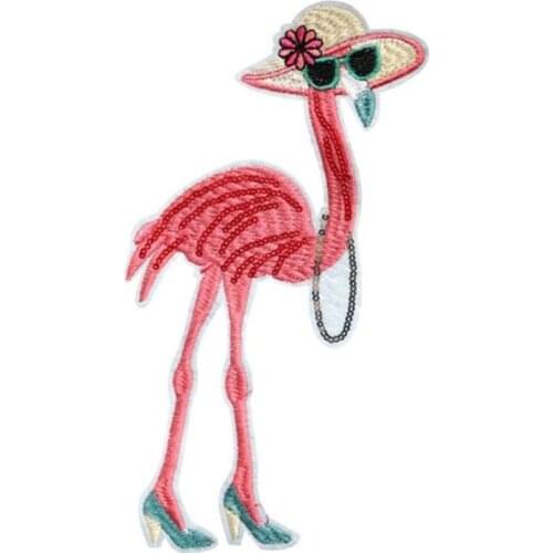 T shirt Women Embroidery patch red sequins 255mm flamingo deal with it biker patches for clothing fabric stickers Christmas gift