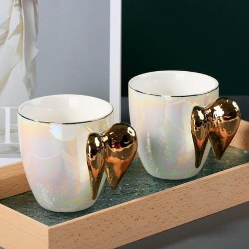 Nordic Pearl White Porcelain Coffee Mug With Gold Angel Wing Personalized Tea Milk Cup Kitchen Home Decor Wedding Birthday Gifts