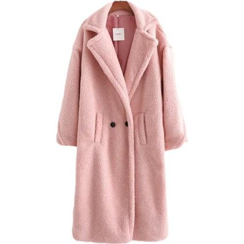 Nice Casual Woman Pink Oversized Long Lambswool Coats New Winter Vogue Ladies Thick Warm Outerwear Female Sweet Loose Jacket