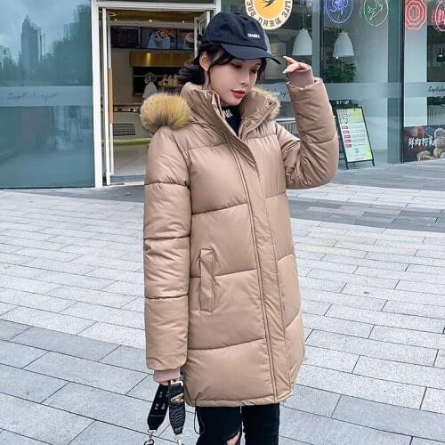Fashion Real Fur Collar PU Bright Leather Winter Jacket Women 2021 New Medium Long Hooded Gloosy Parka Chic Stand Collar Coat