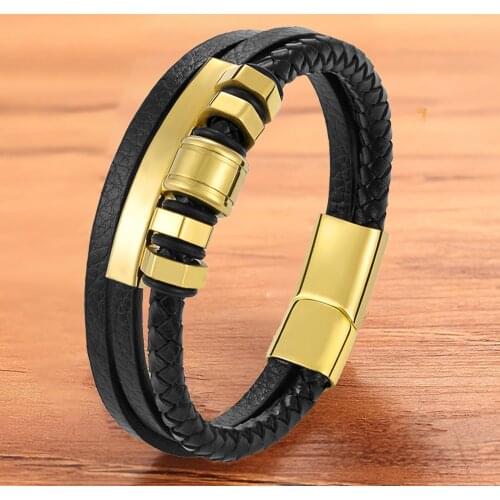 New Charm Fashion Genuine Leather Black Gold Men Bracelet Hand Bangles Jewelry Accessories Wholesales Designed Luxury Gift Men