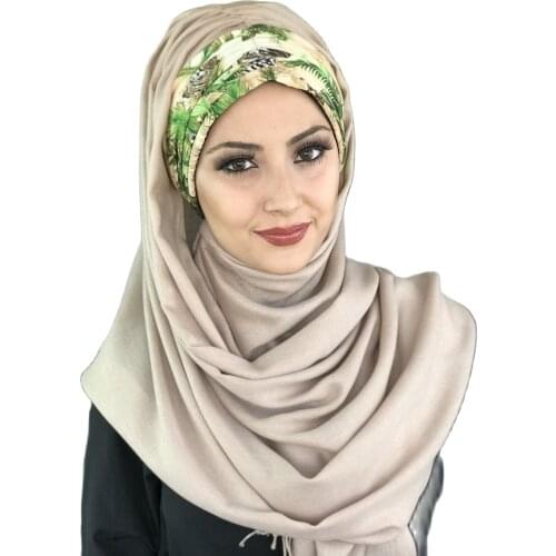 New Fashion Hijab 2021 Women Muslim Chiffon Islamic Bonnet Hijab Hat Stone Color Green Leaf Detailed Pleated Ready Shawl