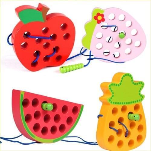 Early Learning Teaching Aid Baby Toy Worm Eat Fruit Apple Pear Baby Montessori Infant Baby 3D Fun Wooden Puzzle Toy for kids