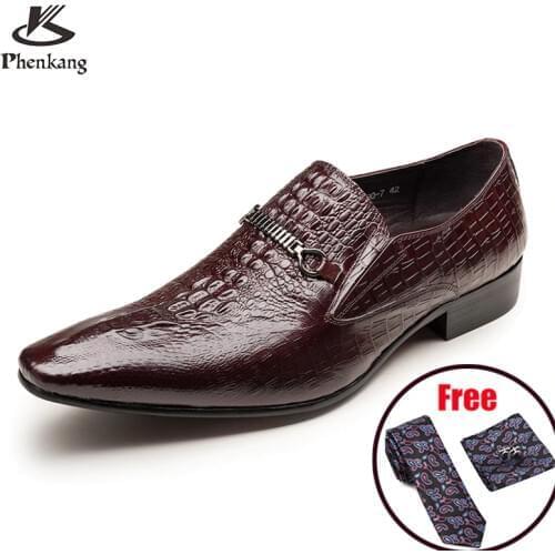 Phenkang Men leather shoes business dress suit shoes men brand Bullock genuine leather black slipon wedding mens shoes 2020