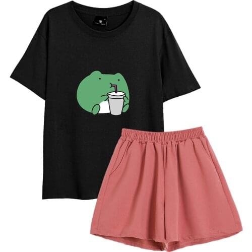 Short Sleeve Sleepwear Cotton Women Sweet Frog Oversized Night Suits Casual Pullover Girls Pajama Indoors and Outdoors Pj Set