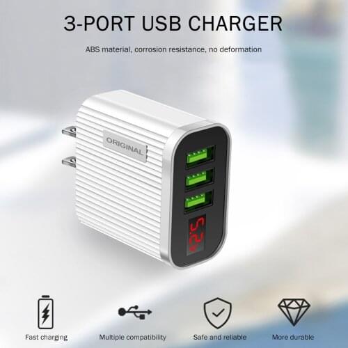 Durable Digital Display 3 USB Charger for Smartphone Tablet 3A Multi-functional Practical Convenient USB Wall Charger Adapter