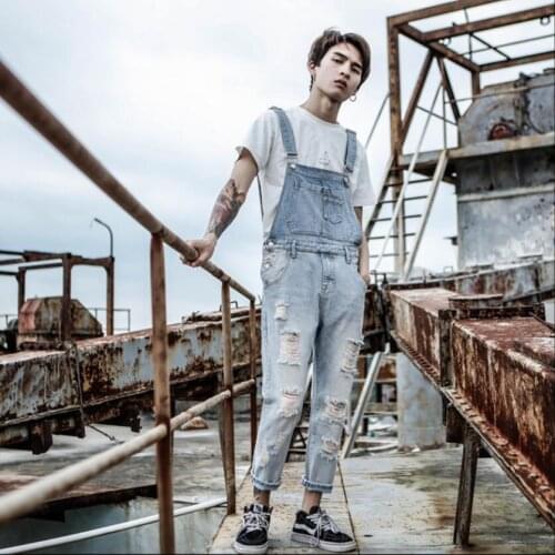 S-2xl Hip-hop Denim Jumpsuit Men Hole Nine Pants Korean Version Of The Tide Youth Couple Slim Strap Jeans Hairstylist Bib Pants