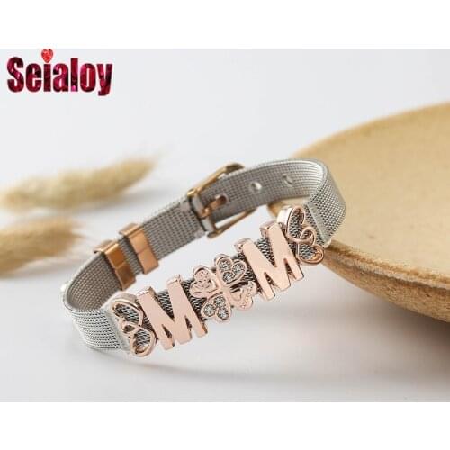 Seialoy Two-Tone Stainless Steel Bracelets For Women Men Original Heart Rose Gold MOM Beads Buckle Mesh Belt Bangle Jewelry Gift