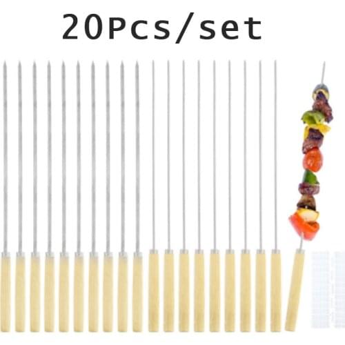 20 Pcs Flat Barbecue Stick BBQ Roasting Needle With Wooden Handle Brochette Tong Kebabe Skewers Stainless Steel Roasting Tools