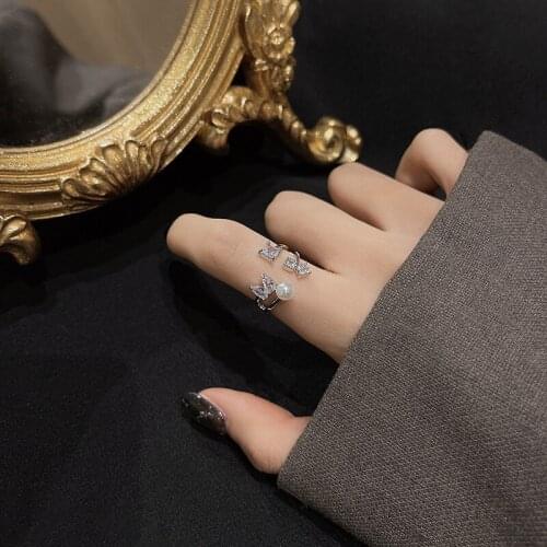 TIMEONLY korean style CZ Zirconia open ring for women girls Imitation pearl forefinger cahrms rings wedding gifts jewellery