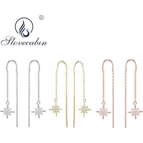 Slovecabin 100% Original 925 Sterling Silver Dagger Starburst Threader Earrings With Clear Zircon Pave Party Jewelry For Women