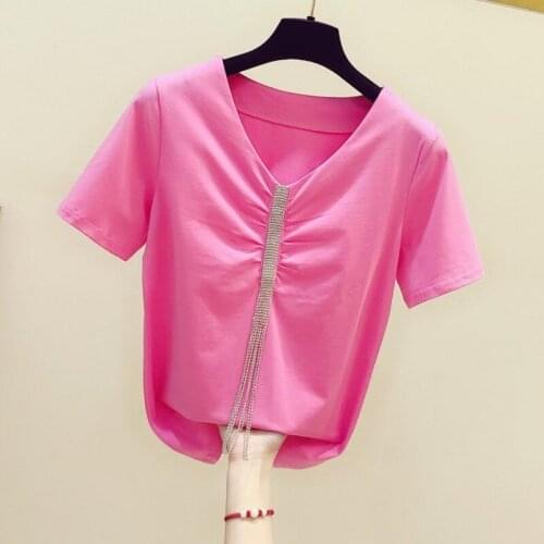 Plus Size Women Summer T-shirt New Korean Fashion Rhinestone Tassel Chain V-neck T-shirt Female Casual Tops Tshirt T Shirts Lady