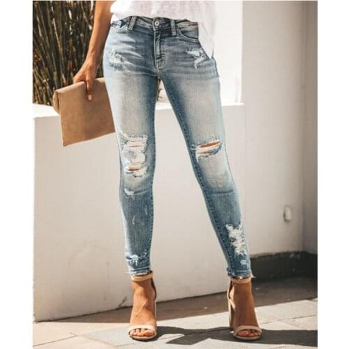Womens jeans slim slimming ripped sexy mid-rise denim trousers