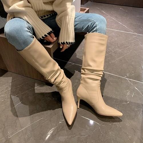 Woman Genuine Leather Knee High Boots Pointed Toe Stiletto Heel Slip In Party Club Winter Ladies Shoes Pointed Toe Fashion Boots