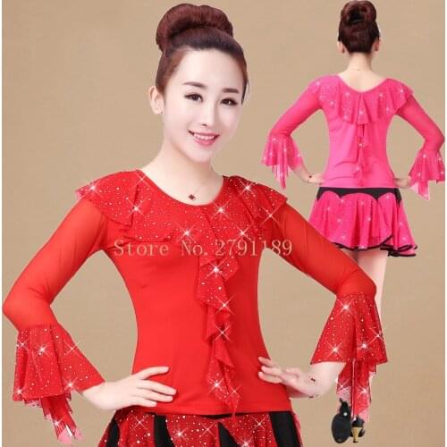 Women Tango Ballroom Tops Waltz Standard Modern Dancing Blouses Performance Wear Top for Foxtrot Quickstep Dance long Sleeves
