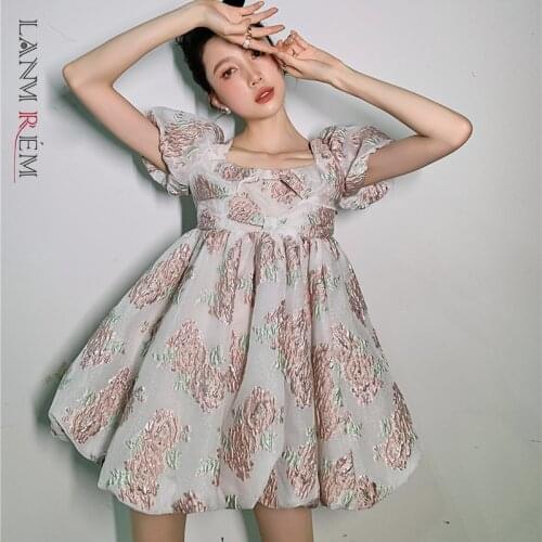 LANMREM Rose Flower Printed Dress For Women Square Neck Lace Up Bow Bubble Sleeve Puff Floral Dresses Female 2D3822