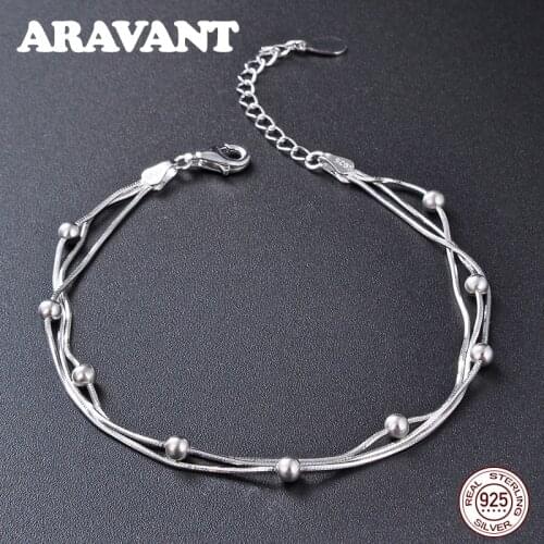 925 Sterling Silver Fine Jewelry Three Line Smooth Bead Bracelet Bangles For Women