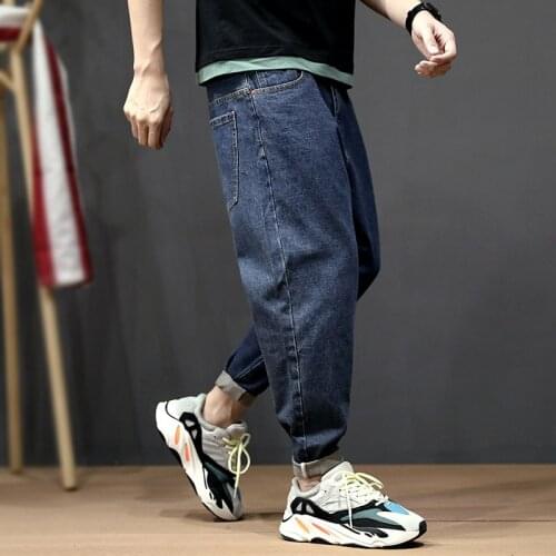 2021 New Fashion Men Jeans Loose Elastic Harem Pants Tapered Trousers Retro Blue Streetwear Hip Hop Jeans Men Pencil Pants