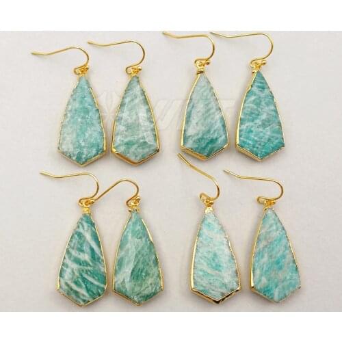WT-E343 Wholesale Custom Bonzer Natural Green Chrysoprase Earrings With Gold Trim Unique Leaves Stone Eardrops For Jewelry