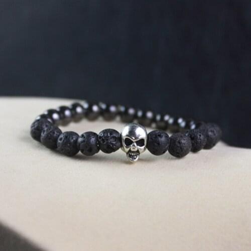 Antique Silver Color Alloy Skull Beads And LAVA Beads Hematite Bracelet Birthday Gift HB1022