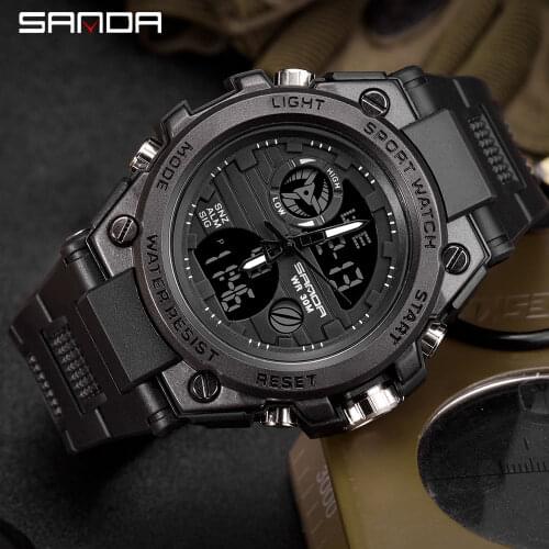 SANDA Mens Military Sports Wrist Watch Multifunctional Waterproof Army Wristwatch Dual Display Male Clock Relogio Masculino