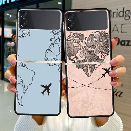Black Hard Case For Samsung Galaxy Z Flip 3 5G Luxury PC Shockproof Phone Cover ZFlip 3 Bumper Fundas Travel World Map Coque Sac