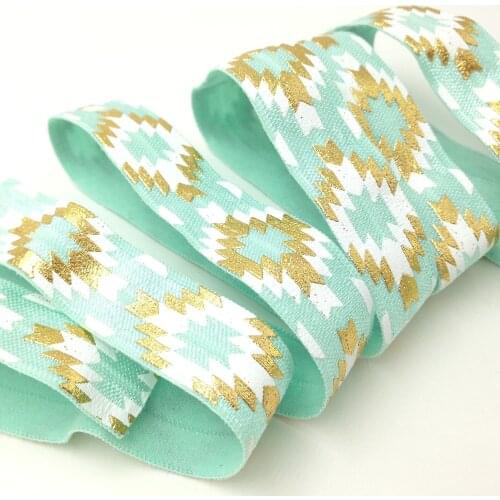 5 Yards 5/8 inch Mint Aztec White Gold Metallic Printed Soft Stretch Fold Over Elastic Elastic for Baby Headbands and Hair Ties