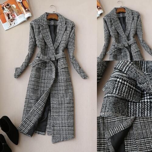 Elegant Women Medium Long Design Checkers Pattern Woolen Jacket Classic Ladies Plaid Wool Coats