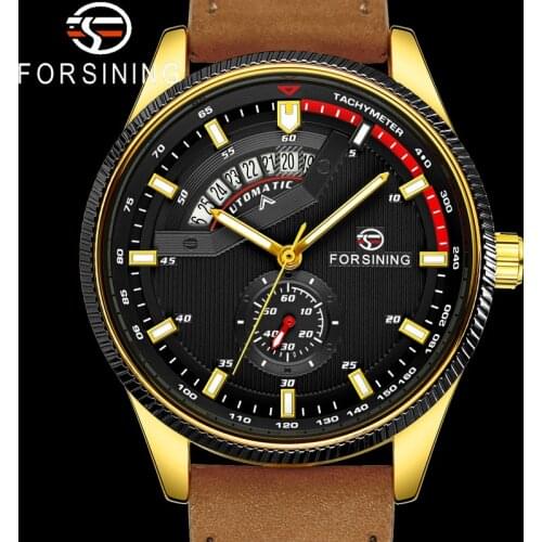 FORSINING Automatic Mechanical Men Wristwatch Sport Calendar Male Clock Top Brand Luxury Brown Genuine Leather Man Watch 8230