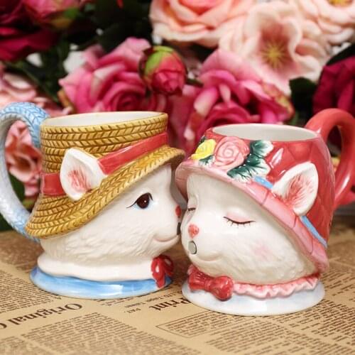Classic Kissing Cat Hand Painted Couple cup 3D cartoon animal coffee cup Wedding gift ceramic cups