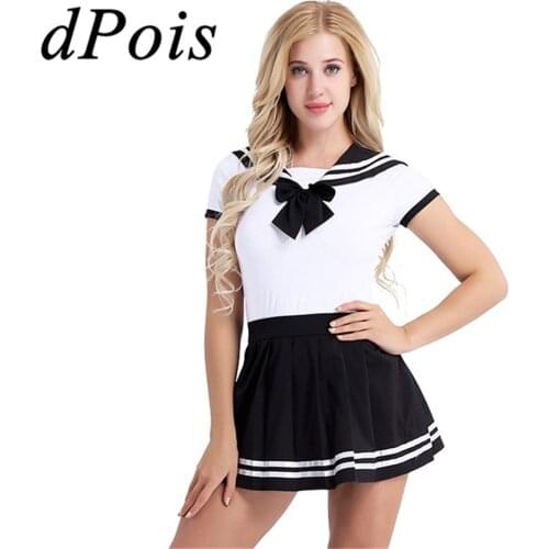 Women Adults Diaper Lovers Cosplay School Girls Costume Schoolgirls Uniform Sets Short Sleeve Romper with Mini Pleated Skirt
