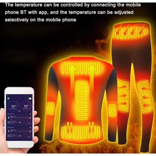 Winter Skiing Heating Underwear Set USB Battery Powered Heated Thermal Tops Pants Smart Phone Control Temperature Warm Suit