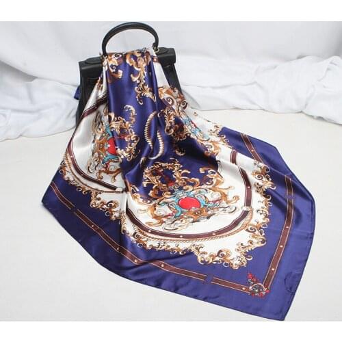 POBING Square Scarf Women Floral Print SIlk Foulards Satin Hijab Bandana Lady Neckerchief Femme Tie Band Head Scarves 90cm*90cm