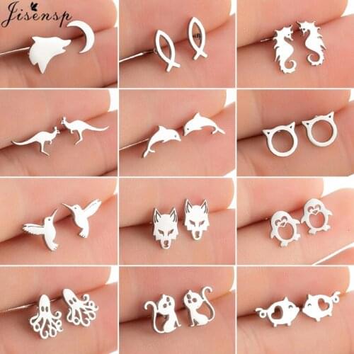 Multiple Tiny Stainless Steel Animal Earrings for Women Child Cute Hummingbird Fish Seahorse Wolf Earings Jewelry Accessory Gift