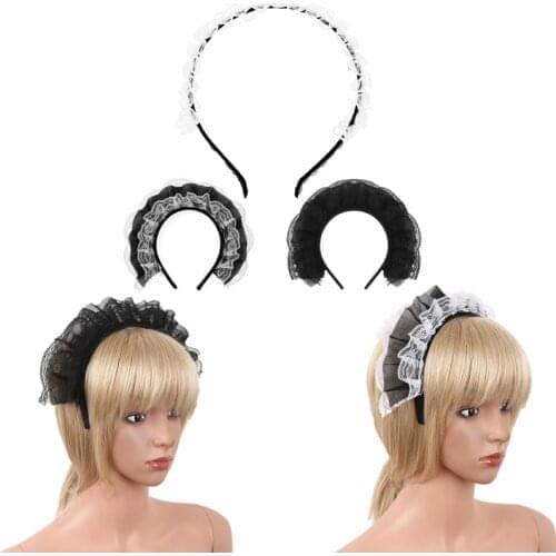 Womens Hair Hoop Gothic Anime Maid Cosplay Lace Ruffles Handmade Headband Hair Hoop Headwear Hair Accessory