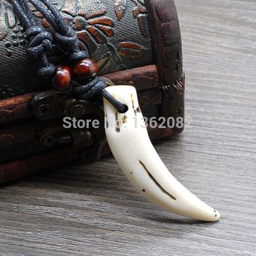 Tribal Style Imitation Bone Resin Carved Wolf Tooth Necklace Wood Beads Rope Necklace Boy Mens Gift MN109