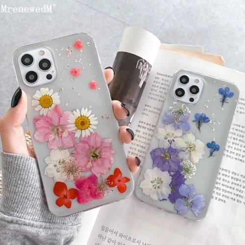 Dried Flower Transparent Silicone Case For iPhone 11 12 Pro Xr Xs Max 12Mini SE2 7 8 Plus Soft Dry Sunflower Protect Phone Cover