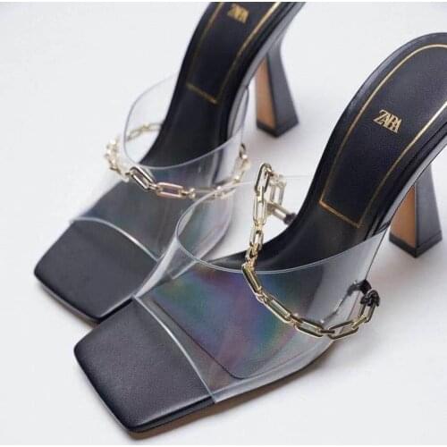 Sandals women summer New Transparent With Chain Tape Womens Slippers High Heel Sandal Round Toe sandals large size 41