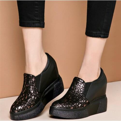 Platform Oxfords Shoes Women Genuine Leather Wedges High Heel Ankle Boots Female Med Top Round Toe Fashion Sneakers Casual Shoes