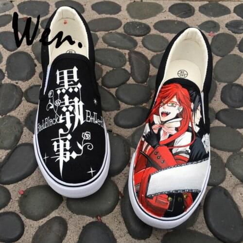 Wen Hand Painted Skateboard Shoes Anime Black Butler Grell Sutcliff Design Slip On Black Canvas Sneakers Unisex Christmas Gifts