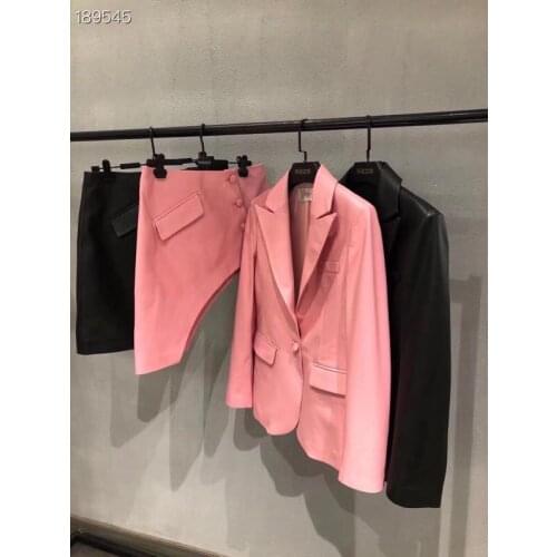 High Quality Vintage Leather Skirt Set 2020 Winter New Runway Fashion Blazer + Asymmetric Mini Skirt Pink / Black Suit