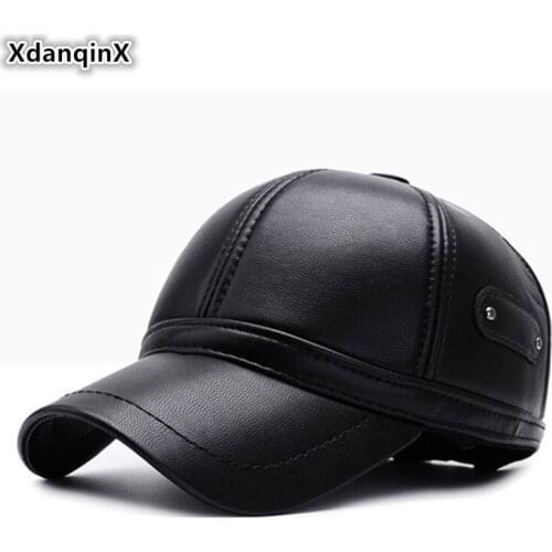 XdanqinX Winter Mens Warm Baseball Cap Plus Velvet Earmuffs Tongue Caps Adjustable Size Fashion Male Winter PU Hat Snapback Cap