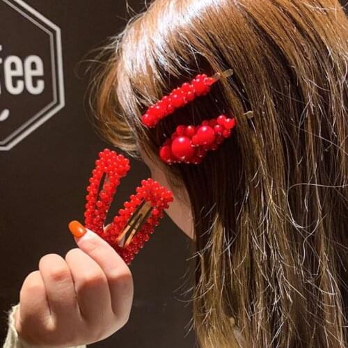 1pc Red Pearl Hair Clip Imitation Design Snap Barrette Stick Hairpin Barrette Hair Accessories for Girls Women