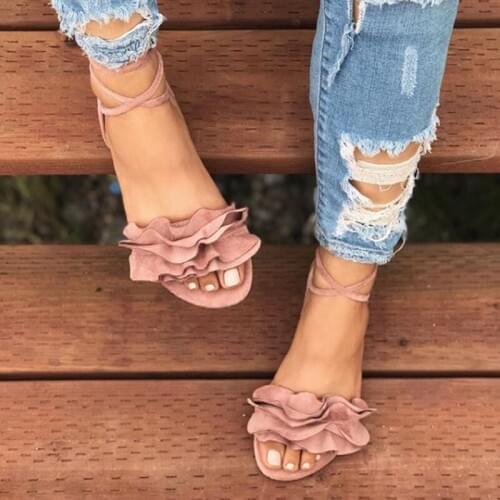 New Plus Size Womens Sandal Ruffles Shoes Woman Cross Bandage Sandals Summer Shoes Flats Lace-up Ankle Strap Sandalias Mujer