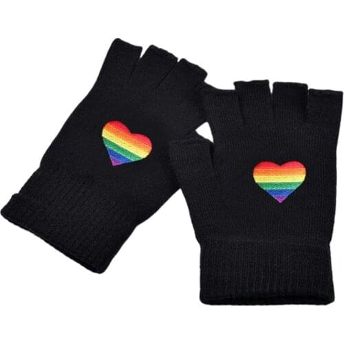 Women Men Winter Warm Knitted Fingerless Gloves Rainbow Stripes Heart Embroidered Gay Pride Hip Hop Half Finger Mittens