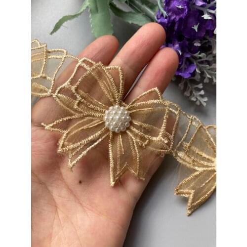 10X Gold Lace Trim Ribbon Mesh Bowknot Rhinestones Embroidered Patches Applique Fabric DIY Wedding Dress Sewing Supplies 5.5CM