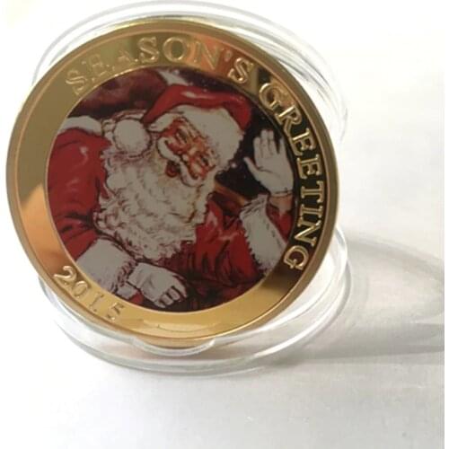 20 pcs The Christmas 2015 Santa Claus reindeer seasons greeting Christmas gift 24k real gold plated colored souvenir 40 mm coin