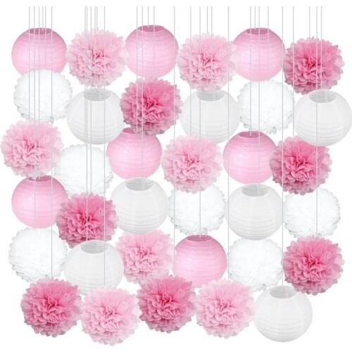 35pcs/set Pink White Blue Lantern Paper Tissue Pompoms Flower Baby Shower Kids Birthday Party Wedding Decorations Baptism Decor