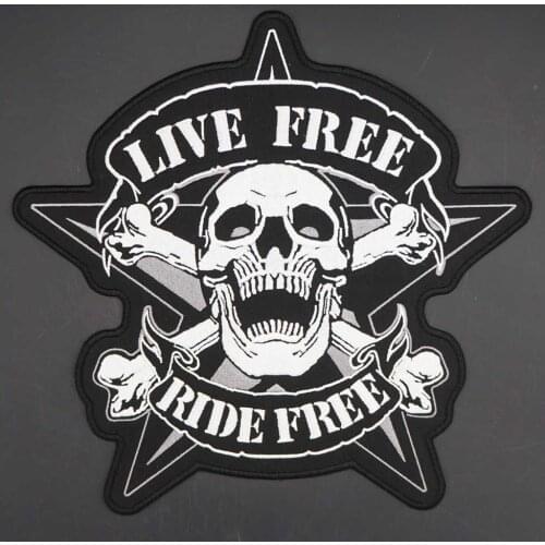 Large Skull LIVE FREE RIDE FREE Embroidery Patches for Jacket Back MC Motorcycle Biker