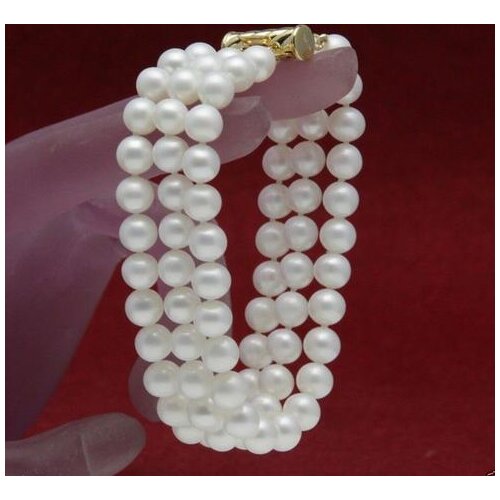 New 3 Rows 7-8mm Genuine Natural White Freshwater Pearl Bracelet 7.5"AAA